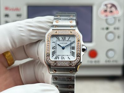 Cartier Santos Mini Size 27*34.5*7.4mm Imported Quartz Movement White TT Rose Gold Band Watch